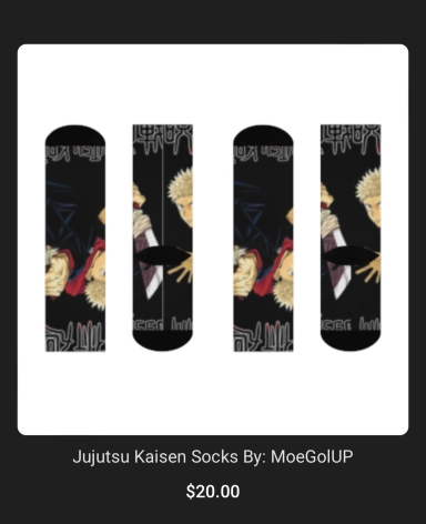 Four pairs of socks featuring characters from "Jujutsu Kaisen" on a dark background.