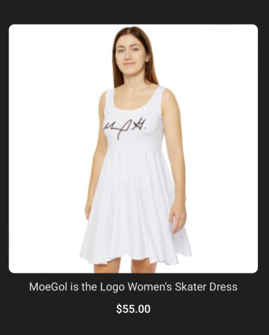Woman wearing a white skater dress with a logo on the front.
