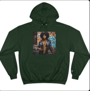 Dark green hoodie featuring a graphic of a person with curly hair in front of graffiti.