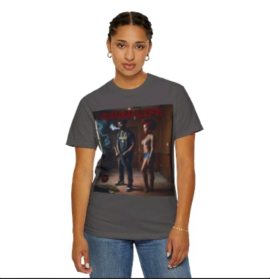 Gray t-shirt featuring artwork of two figures in a dimly lit setting.